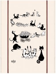 Large ecru tea towel featuring a repeating pattern of black cat silhouettes in various playful poses.