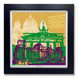 This art print features a colorful, stylized illustration of the iconic architecture of Berlin, including the Reichstag building and the Berlin Cathedral. The image has a vibrant, pop art-inspired aesthetic with a mix of warm and cool tones.