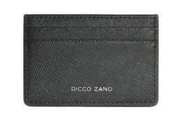 Black saffiano leather card holder with minimal branding.