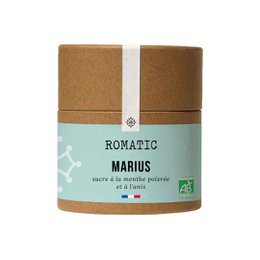  Organic peppermint and anise flavored sugar in a 125g package. The sugar has a round, cylindrical shape and is packaged in a brown cardboard container with a label featuring the product name "MARIUS" and flavor details.