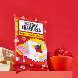 Raspberry white chocolate snack bars with festive packaging and decorations.