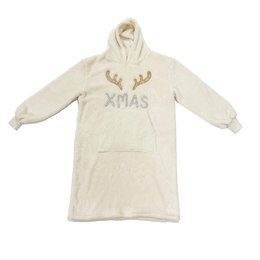  Beige hoodie with "X-MAS" text and deer antler design, suitable for women's casual wear during the holiday season.