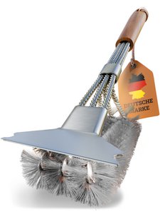 Premium grill borstel roestvrij staal met schraper en greep gemaakt van acacia hout