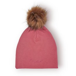 Cozy pink beanie hat with a fluffy faux fur pom-pom for kids. Features an embroidered 'EMBROIDERY' design.