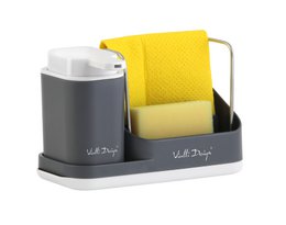 Grey kitchen organizer with liquid dispenser and sponge holder. Includes a grey dispenser and a grey caddy for storing sponges and cleaning supplies.