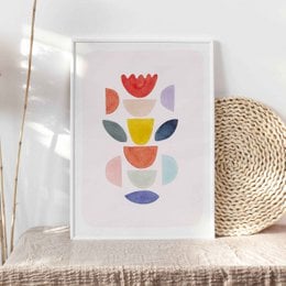 This abstract art print features a minimalist landscape with geometric mountains in pastel blue and red, set against a pale background with a red sun. The print is available in multiple sizes, making it suitable for various wall spaces.