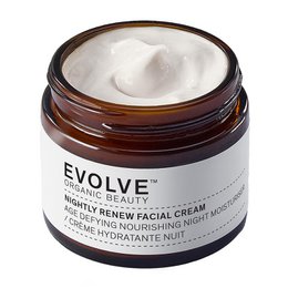 Nightly Renew Facial Cream, a moisturizing cream in a 60ml or 30ml jar, designed to revitalize and renew the skin overnight.