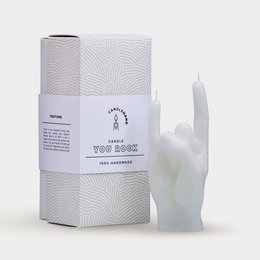 White, tall, cylindrical candle with a hand-shaped design.