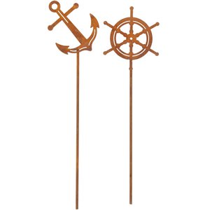 Metalen plug mini's, anker en stuur, H30cm, motief L10cm, roest