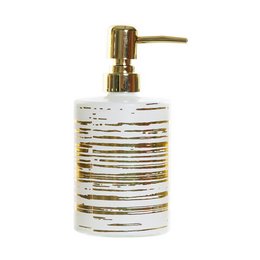 White and gold glass soap dispenser with abstract striped design.