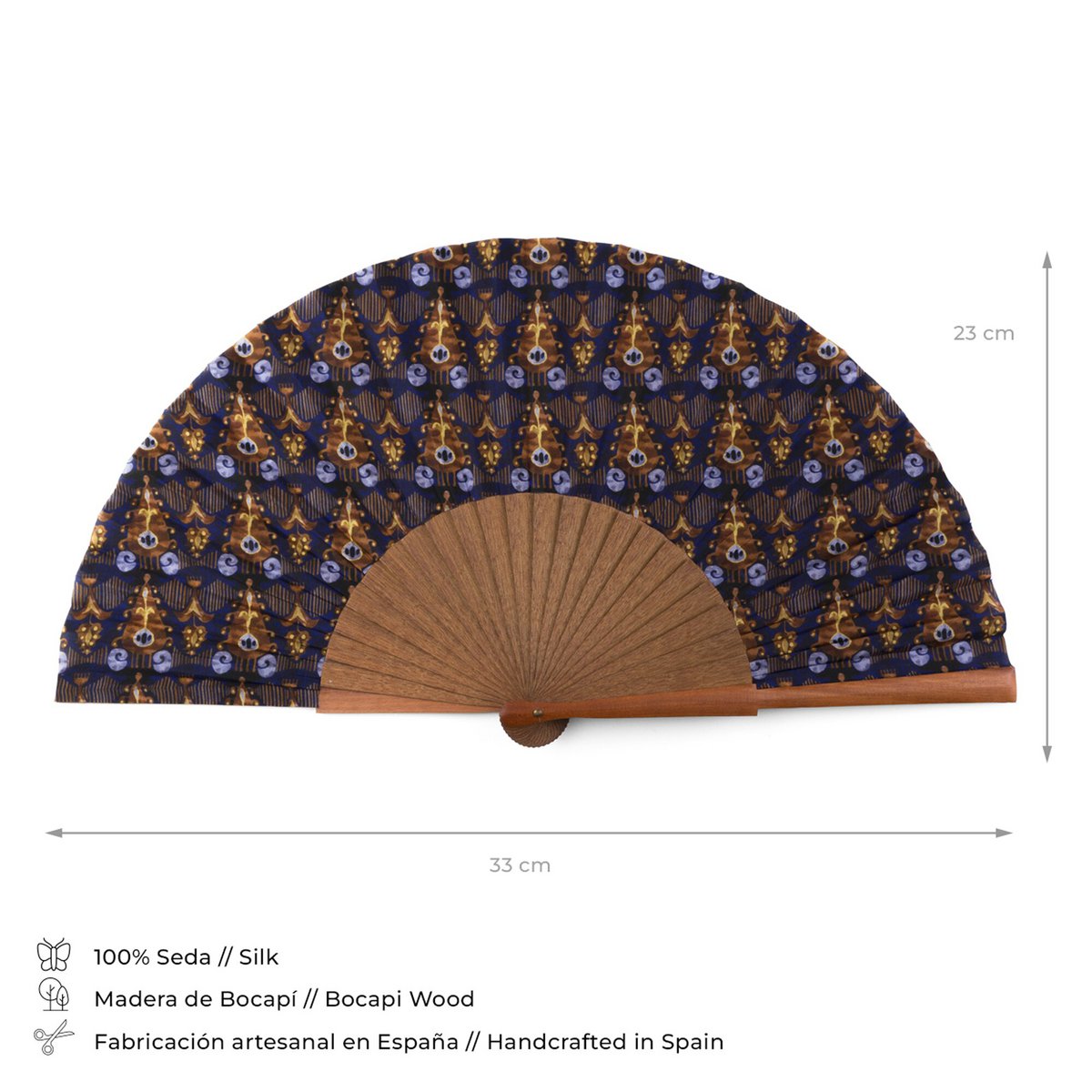 Ikat-Inspired Silk Fan – Handmade in Spain with Bocapi Wood, Blue and Brown Print