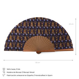 Ikat-Inspired Silk Fan – Handmade in Spain with Bocapi Wood, Blue and Brown Print