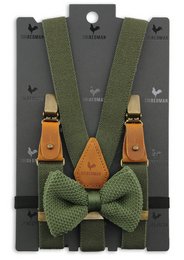 Green knitted bow tie with adjustable suspenders for kids.