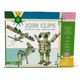 A wooden building block set with various green and wooden pieces, including a robot-like figure. The set is labeled "JOIN CLIPS Basis Set Pro Editie" and is categorized as Building Blocks.
