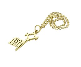  Gold-colored metal key with chain, length 4.5 cm, decorative Greek key pattern.