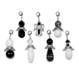 Set of 7 black and white angel-shaped keychains with various shapes and textures, including round, elongated, and abstract forms.
