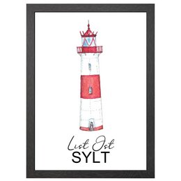 Framed lighthouse poster with the text "Look at Sylt". The lighthouse features a red and white striped design. This wall art piece would be suitable for a coastal or nautical-themed decor.