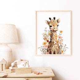 Giraffe nursery poster, giraffe poster, floral nursery print, mother and baby giraffe poster, nursery giraffe print, wildflowers print, girls nursery poster, girls room decoration