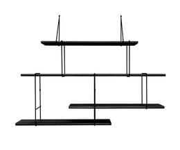 Black modular shelving unit with multiple tiers and compartments for storage and display.