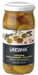 Green Halkidiki olives stuffed with almonds. Olives in a glass jar with a white lid. Nutritional information provided.