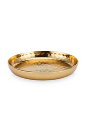 A round, gold-colored metal serving platter with a hammered texture, measuring approximately 12cm in diameter. Suitable for serving food or decorative display.