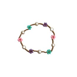 Colorful beaded bracelet with flowers and pearls, suitable for casual or formal wear.

The bracelet features a mix of colorful beads, including pearls, flowers, and other decorative elements. The combination of materials and shapes creates a visually appealing and versatile accessory that can be worn for a variety of occasions, from casual to more formal settings.