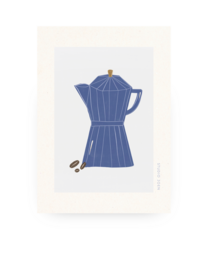  A blue and gray illustration of a classic Italian-style coffee percolator or moka pot. The design features a simple, minimalist style that would be suitable for a poster or other home decor item.