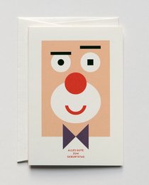 Colorful, whimsical birthday card featuring a happy clown face with a red nose, black eyes, and a smiling expression.