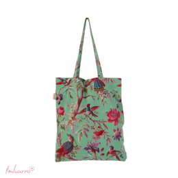  Vibrant green tote bag with a tropical floral and bird print pattern. The bag features a lush, colorful design with red flowers, green leaves, and perched birds. This stylish and versatile cushion cover would be perfect for adding a touch of nature-inspired style to any living space.