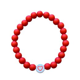  A red beaded bracelet with a heart-shaped charm, suitable for children. The bracelet features round, red beads and a small, white heart-shaped charm in the center.