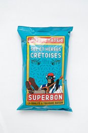 Cretan Herbs Chips 135g, a savory snack made with herbs from Crete, featuring a vibrant blue and orange packaging design.