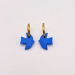  Gold hoop earrings with blue bird charms, sparkly glitter finish, dangling bird design.
