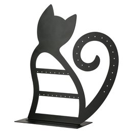  A black metal jewelry stand in the shape of a cat, with a curled tail and space to hold earrings or other small jewelry items. The stand is 26 cm tall and comes in a set of 4.
