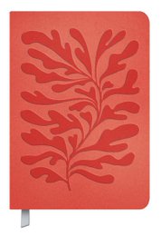 A red wall calendar with a soft touch finish and a stylized floral pattern in a deeper red shade.