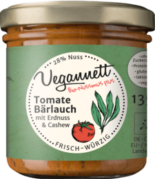 Tomato and wild garlic organic spread, available in 135g and 270g jars. Made with natural ingredients, this savory spread has a vibrant color and flavorful taste.