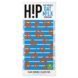 Vegan oat milk chocolate bar with salty pretzels. Contains chocolate pieces, pretzel pieces, and oat milk. Rectangular shape with orange and blue packaging.