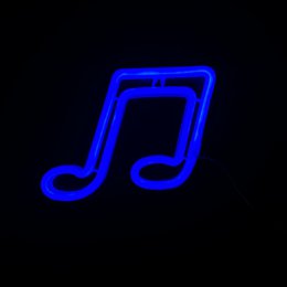  A blue neon musical note lamp, approximately 20 x 19 cm in size, suitable for wall lighting. The lamp is designed to create a warm, ambient lighting effect and can be powered by 3 batteries.