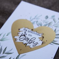 Card with scratch heart - announce pregnancy, we're having a baby, greenery, eucalyptus