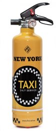 A yellow fire extinguisher with a "New York Taxi" design, featuring a checkered pattern and the iconic New York taxi logo.