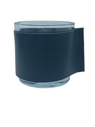 Large black leather tea holder with round shape and glass top.