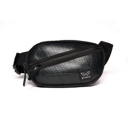 A black, textured belt bag with a Click Kiwi logo. The bag has a sleek, modern design and is suitable for casual or active wear.