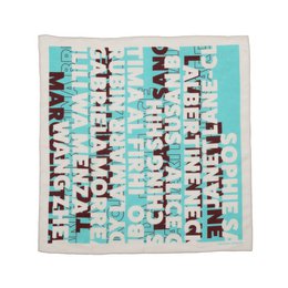  Chocolate turquoise scarf with geometric text pattern, square shape, lightweight fabric