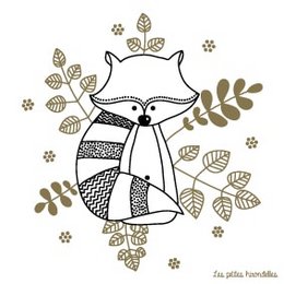 A whimsical illustration of a raccoon surrounded by leaves and floral elements. The raccoon has a patterned body and is set against a neutral background.