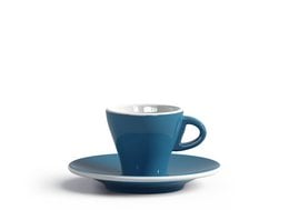 Set of 6 light blue ceramic cups and saucers, each cup holds 65 cc. The cups have a simple, minimalist design with a round shape and a curved handle.