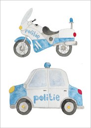  A postcard featuring a police motorcycle and a police car, with details such as the word "Politie" (Dutch for "Police") visible.