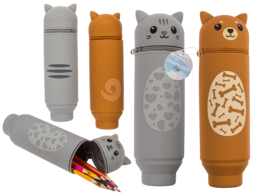 Pencil case with dog and cat designs, animal-shaped storage, gray and brown colors, cute pet characters.