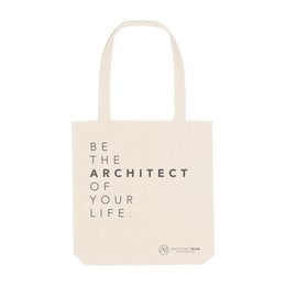 Natural-colored canvas tote bag with text "BE THE ARCHITECT OF YOUR LIFE."
The image shows a natural-colored canvas tote bag with the text "BE THE ARCHITECT OF YOUR LIFE." printed on it. The bag appears to be made of a durable, high-quality material and is suitable for use as a shopping or everyday carry bag.