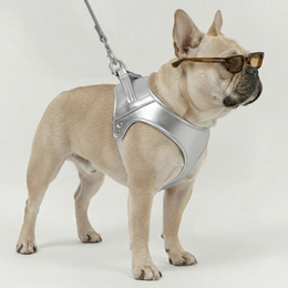  Silver vegan leather dog harness, ergonomic design, small medium sizes, durable pet accessory