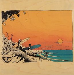 Poster featuring a scenic beach landscape with surfers, palm trees, and a vibrant sunset sky.