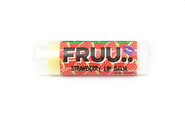 A small, rectangular lip balm container with a bright red and yellow label that says "FRUUS" and features a strawberry graphic.